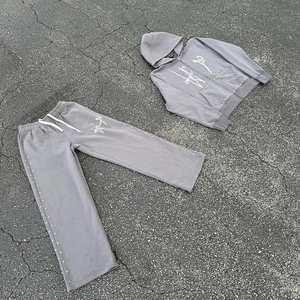 Hooded Streetwear Tracksuit Set White Logo Print Full-Length Sweatpants <b>Zip</b>-<b>Up</b> <b>Jacket</b> Windproof Casual Wear for Adults Autumn - Product Image 1