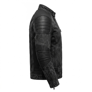 Blouson Moto Vintage en Jean Noir Vieilli pour Homme avec Patchs en Cuir Coupe Slim Vêtement Décontracté pour la Conduite - Product Image 3
