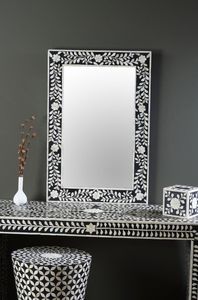 Miroir mural rectangulaire fait main en os incrusté, design floral noir et blanc, miroir décoratif traditionnel encadré - Product Image 4