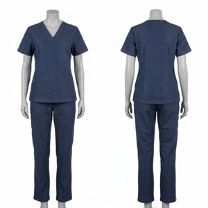 Ensemble de blouses médicales en denim bleu premium 180 GSM avec surpiqûres contrastées et broderie personnalisée - Product Image 1