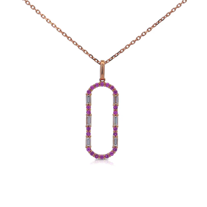 Rose Gold Plated Amethyst Pendant Necklace With Baguette Cut Diamonds Geometric Minimalist Design Box <b>Chain</b> Unisex - Product Image 1