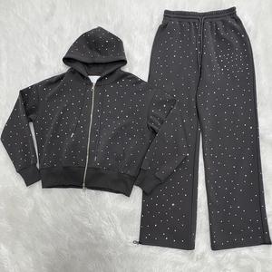 Men Rhinestone Tracksuit Set Zip Up <b>Hoodie</b> Jogger Pants 100% Cotton Streetwear Two Piece Outfit Winter - Product Image 1