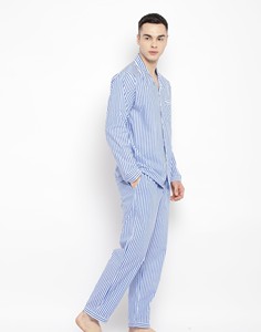 Ensemble de pyjama pour homme à manches longues rayé bleu et blanc en coton, vêtements de nuit décontractés avec poche, pour le printemps - Product Image 2