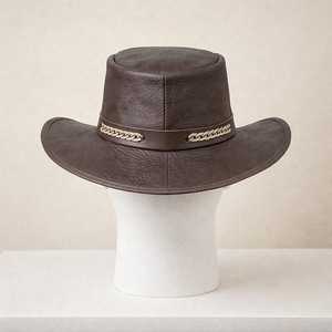 Premium Quality custom Handmade Brown Leather Cowboy <b>Hat</b> Unisex With Braided <b>Band</b> Western Ranch Festival Gift - Product Image 3