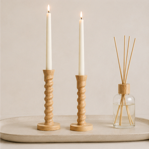 Handcrafted Wavy Oak Wooden Taper <b>Candle</b> Holder <b>Set</b> Modern Scandinavian Style Candlestick Stand For Dining Table Centerpiece - Product Image 3