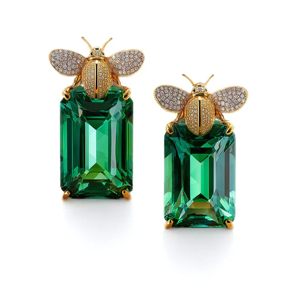 Luxury Insect <b>Stud</b> Earrings 18K Gold <b>Emerald</b> Cut Green Stone Diamond Wings Women Party Jewelry - Product Image 1