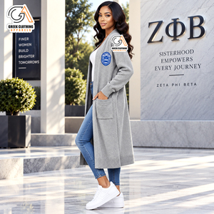 Greek Clothing Apparel Zeta Phi Beta Long Cardigan Gray Embroidered Logo Women's <b>Plus</b> <b>Size</b> Casual <b>Sweater</b> Winter 100% Polyester - Product Image 3