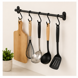 Premium Stainless Steel Wall Mounted Kitchen Utensil Rack Heavy Duty Hanging Rail with 5 Removable S <b>Hooks</b> for Pots Pans - Product Image 4