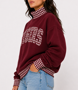 Pull-over décontracté surdimensionné en coton personnalisé à col roulé et épaules tombantes pour femme, motif gingham et pois, vente en gros - Product Image 2