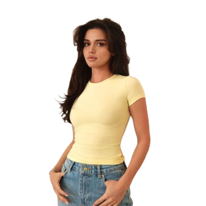 Camiseta lisa de verano para mujer, cuello redondo, manga corta, corte ajustado, informal, básica, versátil, ropa de calle, uso diario - Product Image 1