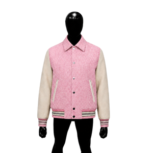 Blouson universitaire rose premium pour homme avec manches crème, col rabattu, style décontracté pour l'automne, blouson universitaire en laine de haute qualité - Product Image 1