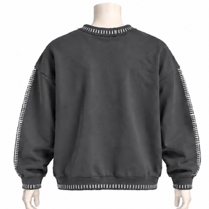 Mens Charcoal <b>Stitched</b> Border Distressed Crewneck Sweatshirt <b>Oversized</b> Long Sleeve Pullover Casual Streetwear Fashion Sports Top - Product Image 2