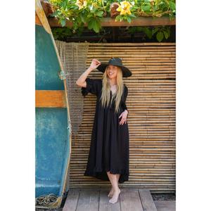 Vestido maxi bohemio negro para mujer, corte holgado, cuello en V, manga corta, informal, para vacaciones en la playa - Product Image 1