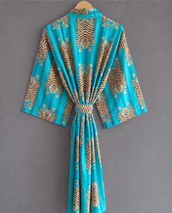 Robe Kimono Turquoise Imprimé Tigre Col V Manches Trois-Quarts Coupe Ample Ceinturée Décontractée Toutes Saisons en Polyester Tissé - Product Image 3