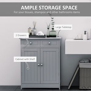 Mobiletto Compatto Tradizionale Autoportante per Bagno con 2 Cassetti, Pomelli in Metallo, Base Rialzata, Soluzione di Stoccaggio in Legno MDF Grigio - Product Image 4