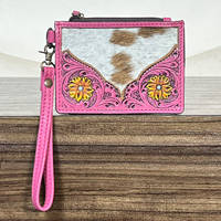 Porte-cartes mini en cuir de vachette fait main 2026, motif floral élégant, fermeture éclair, portefeuille à dragonne unisexe