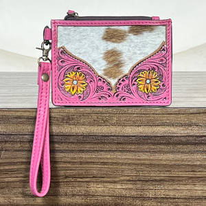 2026 Custom Hand Tooled Cowhide Leather Mini Card <b>Holder</b> Purses Stylish Floral Design Zipper Closure Wristlet Wallet for Unisex - Product Image 2