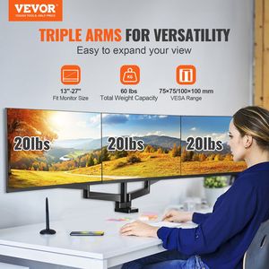 Support triple pour moniteur à ressort à gaz entièrement réglable, compatible avec les écrans de 13 à 27 pouces, capacité de 20 livres par bras pour montage triple moniteur - Product Image 2