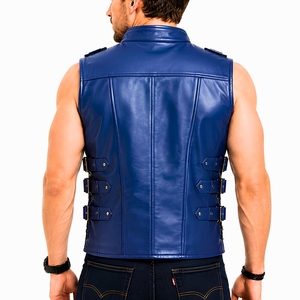 Chaleco de Cuero Azul para Motociclista, de Alta Calidad, para Hombre, con Múltiples Bolsillos - Product Image 4