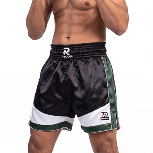 Shorts de Muay Thai pour hommes RYDOM, noir, vert, blanc, couleurs contrastées, satin, séchage rapide, respirant, logo avant, taille élastique - Product Image 2
