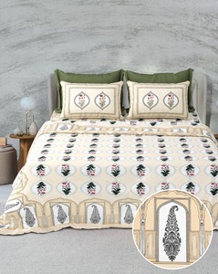 Ensemble de draps et taies d'oreiller élégants Sansar imprimés à la main en coton 100% avec motif floral, 300 fils au pouce carré, résistants à la décoloration, pour toutes les saisons - Product Image 2
