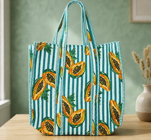 Sac fourre-tout décontracté en coton matelassé à pois bleus, motif frais, style indien durable - Product Image 5