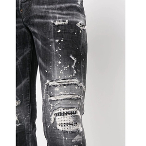 Jean en denim noir déchiré et usé pour homme, coupe slim, taille haute, style décontracté, idéal pour l'automne - Product Image 3