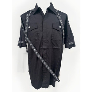 Vintage Gothic <b>Men's</b> Short Sleeve Shirt Black Cotton-Mix Fitted with Removable Skull Trim Straps and Bolt Buttons - Product Image 1