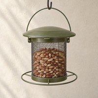 Mangeoire à oiseaux suspendue en treillis métallique, mangeoire ronde pour cacahuètes avec toit et perchoir annulaire, revêtement poudré, pour jardin