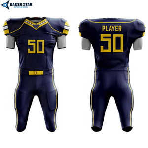 American Football Uniform Set Men's <b>Navy</b> Blue with Gold Accents V-Neck Short Sleeve Moisture Wicking Fitted Jersey and Pants - Product Image 5