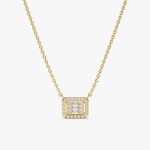 Collier classique en or 14K/18K avec diamants de laboratoire, géométrique, baguette et halo de diamants ronds, pendentif rectangulaire, chaîne pour femme - Product Image 4