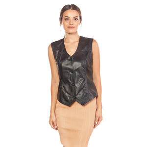 Gilet court en cuir véritable pour femme, sur mesure, coupe-vent, rembourré en coton écologique, col en V, pour usage extérieur décontracté - Product Image 5