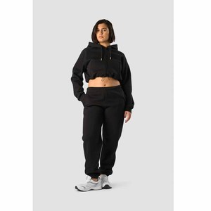 Conjunto de Sudadera con Capucha de Forro Polar de 2 Piezas para Mujer, Manga Larga, Top Corto, Color Negro Sólido, Corte Holgado Informal, para Todas las Temporadas, Ropa Deportiva - Product Image 6