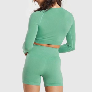 <b>Green</b> Long Sleeve <b>Gym</b> Shorts <b>Set</b> Seamless High Waisted High Support Eco-Friendly Breathable Plus Size Front Crystal Decoration - Product Image 2