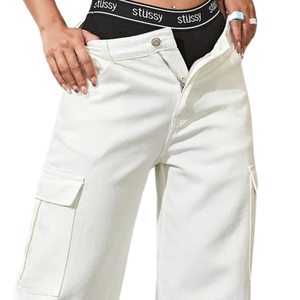 Pantalones Cargo de Mezclilla Blancos para Mujer, Pierna Ancha, Cintura Alta, Bolsillos Utilitarios, Corte Recto Informal, Jeans de Algodón de Secado Rápido y Transpirables, a la Moda - Product Image 3