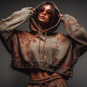 เสื้อฮู้ดดี้ทรงหลวมแบบวอช ผ้าฝ้ายโพลีเอสเตอร์ 100% สำหรับผู้หญิง เสื้อครอปฮู้ดดี้วอช ผู้หญิง ลายมัดย้อม เสื้อฮู้ดดี้วอชสำหรับผู้หญิง - Product Image 4