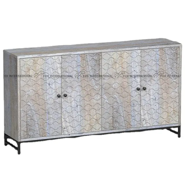 Rustic Sideboard CNC Wave Designed Pattern High Quality Modern Design Mango Wood Sideboard Top Furniture