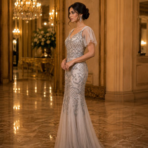 Luxury Women Champagne Embroidered Evening Gown Elegant V Neck Mermaid Maxi Dress Premium Designer Party Wear Wedding Reception - Product Image 3