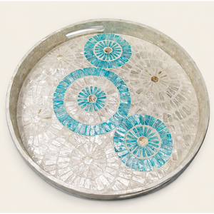 Plateau de service rond artisanal en nacre incrustée, plateau centre de table en mosaïque de coquillages avec poignées pour table basse - Vente en gros - Product Image 1
