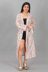 Bata de algodón con estampado floral de longitud completa para mujer, con mangas largas, cuello vuelto, suave, informal, para dormir, para la temporada de primavera - Product Image 4