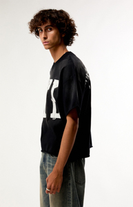 Black Regular Fit Men's T-Shirt White Letter Distressed Embroidery Sun Faded Short Sleeve <b>Turtleneck</b> Street Style 100% Cotton - Product Image 3