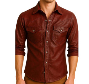 Best Quality Men Leather Casual <b>Shirt</b> Long Sleeve Regular Fit Breathable Stand Street Style <b>Button</b>-Up Customized Leather <b>Shirt</b> - Product Image 6
