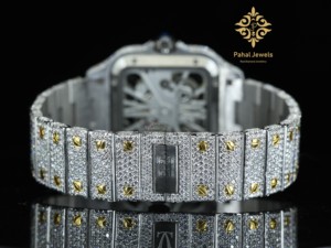 นาฬิกาควอตซ์หรูหรา Pahal Jewels สำหรับทุกเพศ ตัวเรือนสี่เหลี่ยม สแตนเลสสตีล หน้าปัดอะนาล็อกประดับโมอิสซาไนต์ คริสตัลแซฟไฟร์ ปุ่มกดแบบซ่อน - Product Image 5