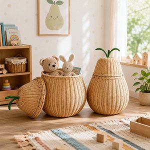 Cesta de Almacenamiento de Mimbre Natural Hecha a Mano con Tapa, Organizador de Juguetes para Niños, Cesta de Lavandería para Guardería, Caja Organizadora de Decoración para el Hogar - Product Image 6