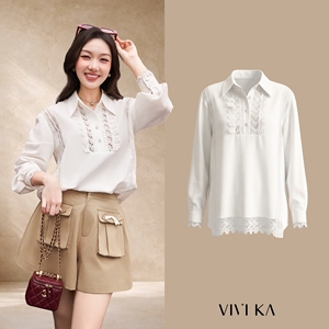 Women's Linen Ivory Lace <b>Patchwork</b> Long Sleeve Blouse Vintage Collared Loose Fit <b>Shirt</b> Elegant Floral Crochet Top KEIRA - Product Image 1