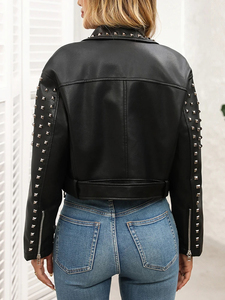 Nouvelle veste courte en similicuir noir pour femme, style streetwear, avec rivets et clous, ceinture et fermeture éclair, pour le printemps et l'automne - Product Image 2