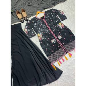 Bel ensemble de vêtements de fête noir pour femmes avec haut pantalon Sharara et Dupatta Taille L Marque NF - Product Image 2