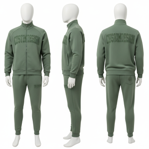 Custom Design Men's Brown <b>Tracksuit</b> Full Zip Stand Collar Sweatshirt Jogger Pants Embossed Logo Casual Autumn Wear - Product Image 4