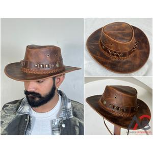 Nuevo Sombrero Vaquero Rústico de Cuero Genuino Marrón Desgastado con Banda Trenzada y Estilo Occidental para Aventuras al Aire Libre - Product Image 1