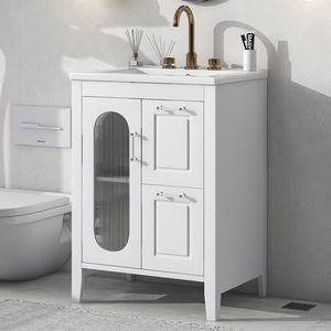 Mobile da Bagno in Legno Massello e MDF da 24 Pollici con Lavabo, Due Cassetti, Ripiano Regolabile, Finitura Bianca - Product Image 4